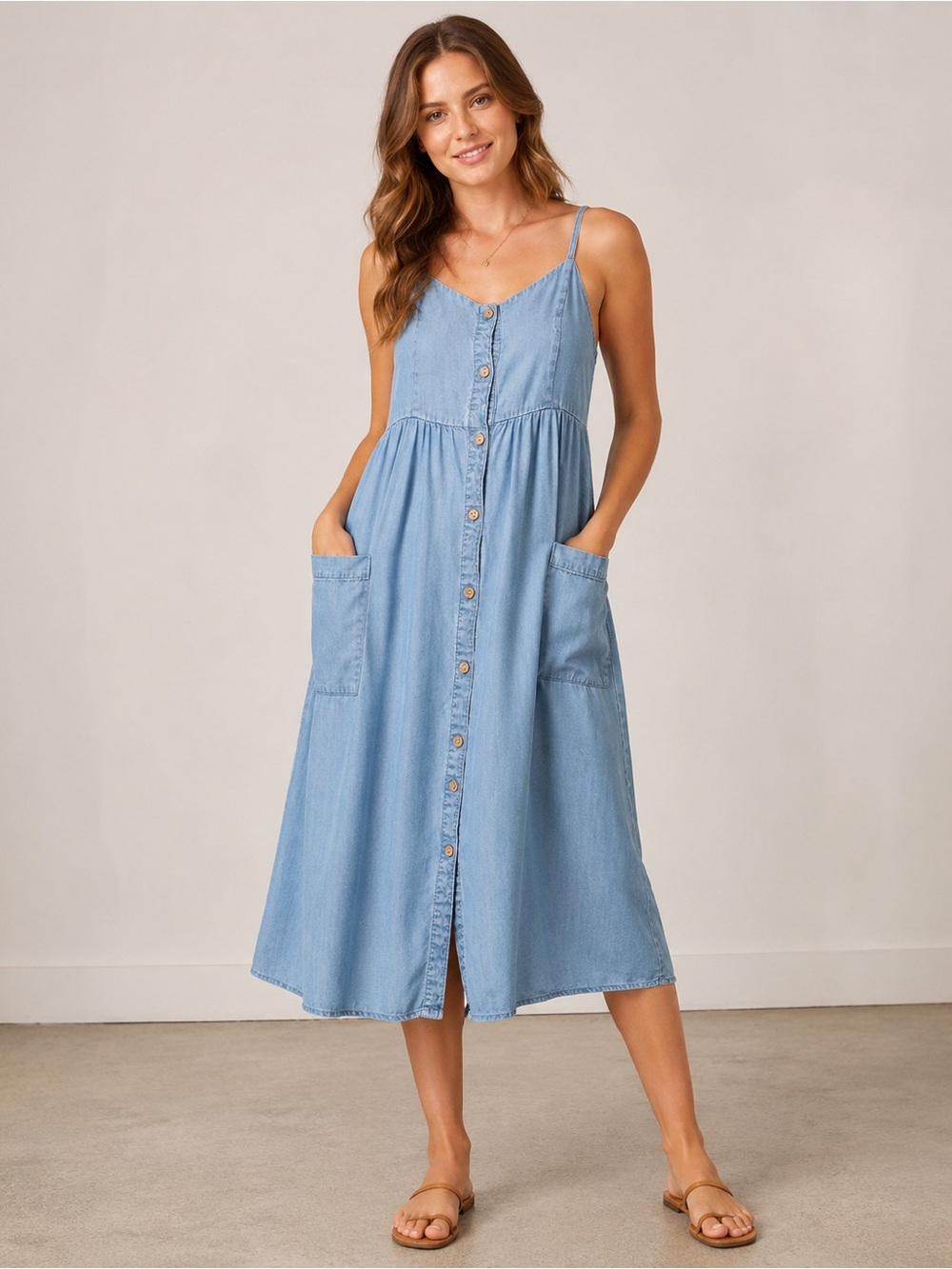 Fashion Nova Light Blue Denim-Textured Button Midi Dress